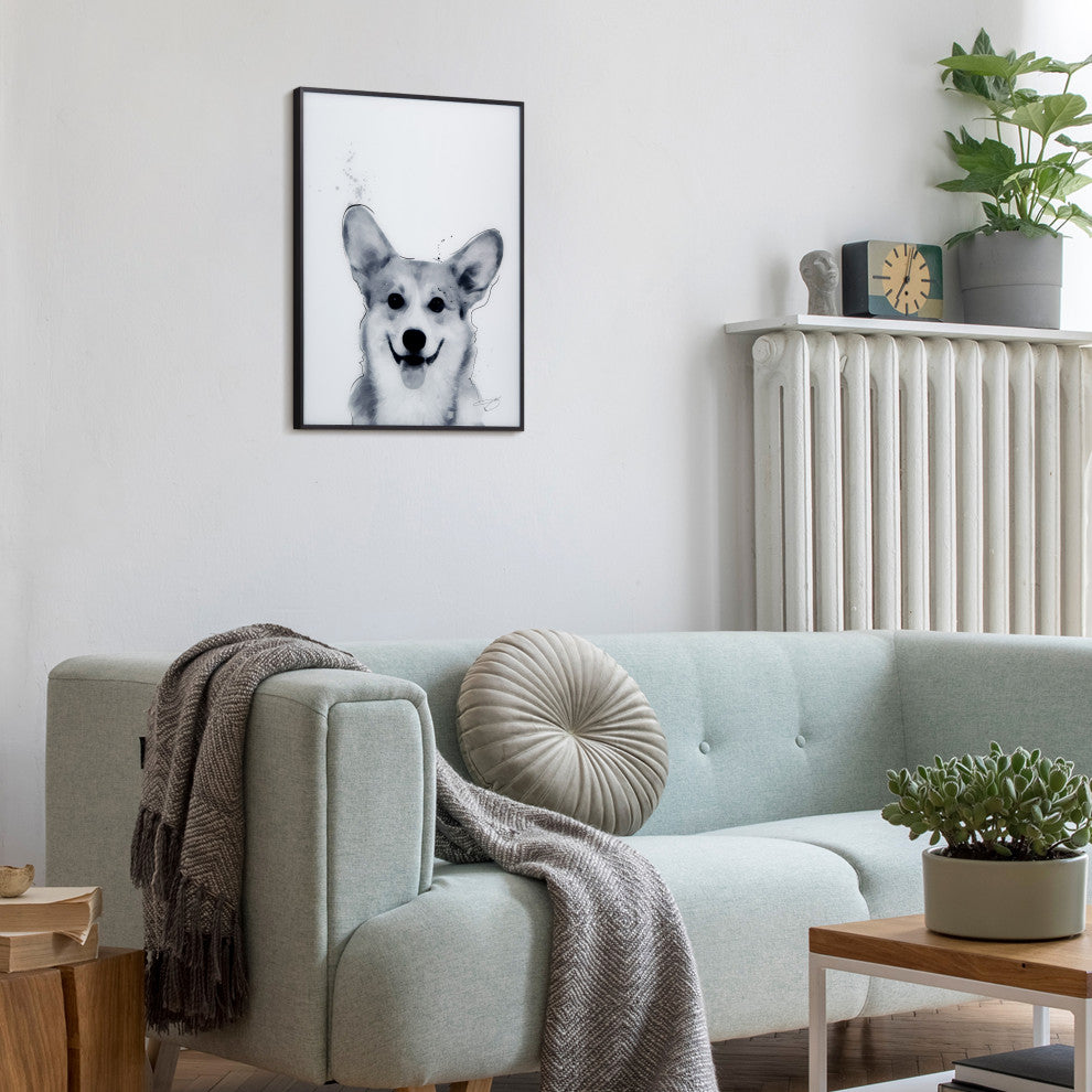 "Corgi" Black and White Pet Art on Printed Glass with Gunmetal Anodized Frame