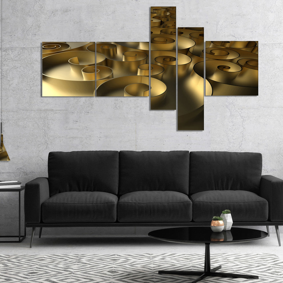 Golden Curly Abstract 3D Design, Abstract Canvas Art Print, 60"x32", 5 panels