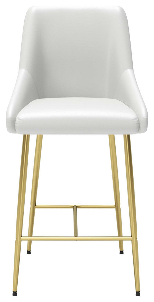 Counter Stool Chair, Faux Vinyl Leather, Steel, White, Gold, Cafe Bistro