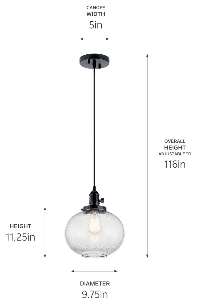 Avery 11.25" 1 Light Mini Pendant With Clear Seeded Glass, Black