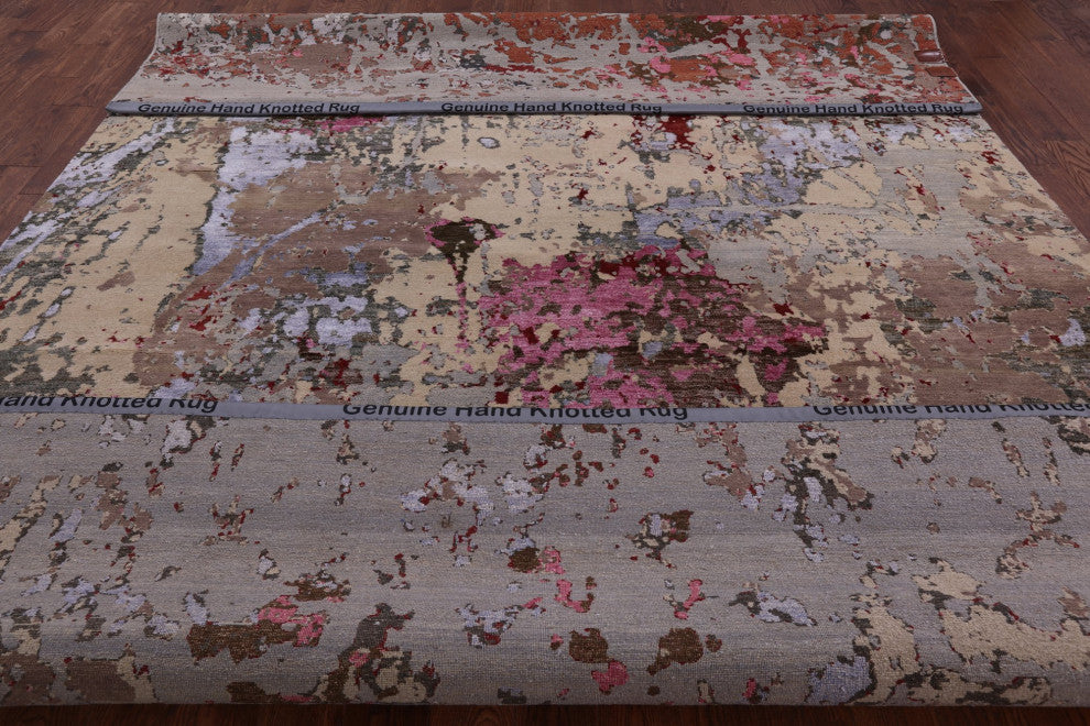 Contemporary Wool and Silk Handmade Abstract Rug 9' 0" X 12' 5" Q6343