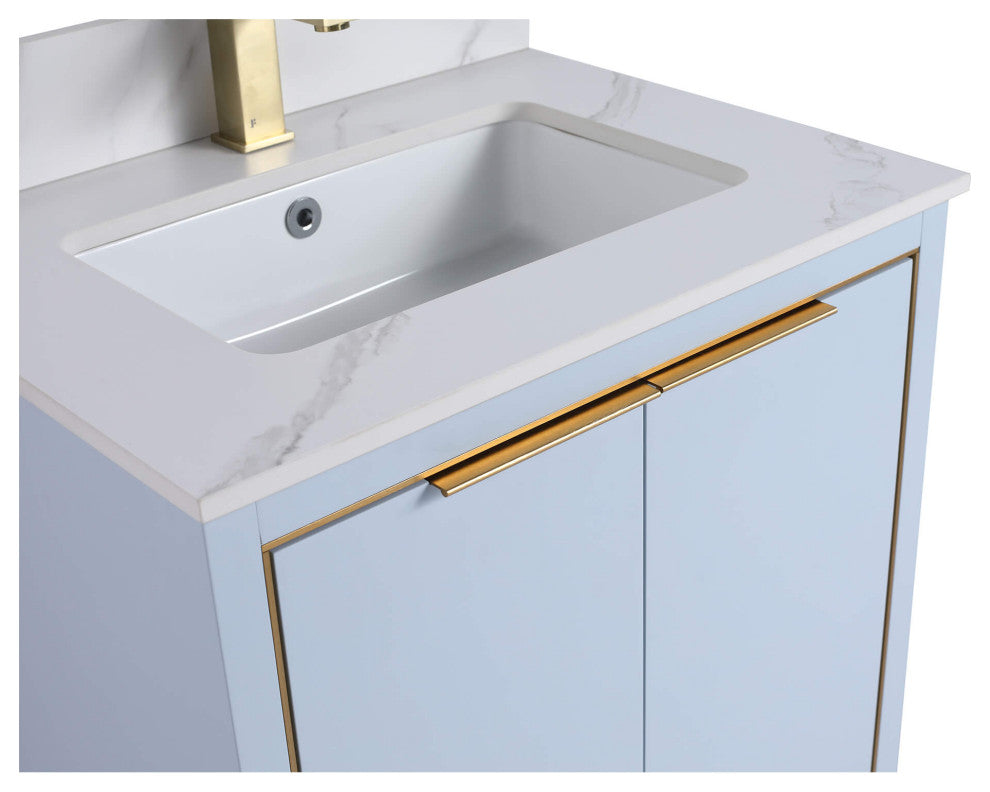 Opulence Bath Vanity, Pastel Blue, 24", Satin Brass Hardware, White Carrara Top