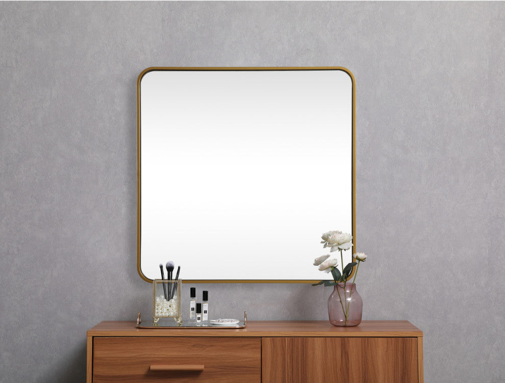 Ellis Soft Corner Metal Square Mirror 30x30 Inch, Brass