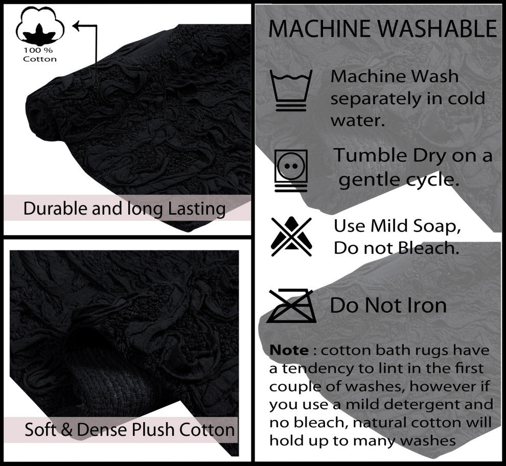 Modesto Collection 100% Cotton Machine Washable Bath Rug, 3-Piece Set, Black