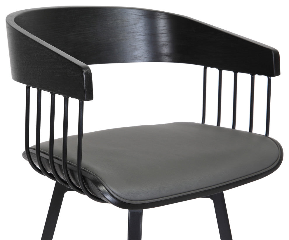 Athena 27" Swivel Black Wood Counter Stool in Gray Faux Leather with Black Metal, 31