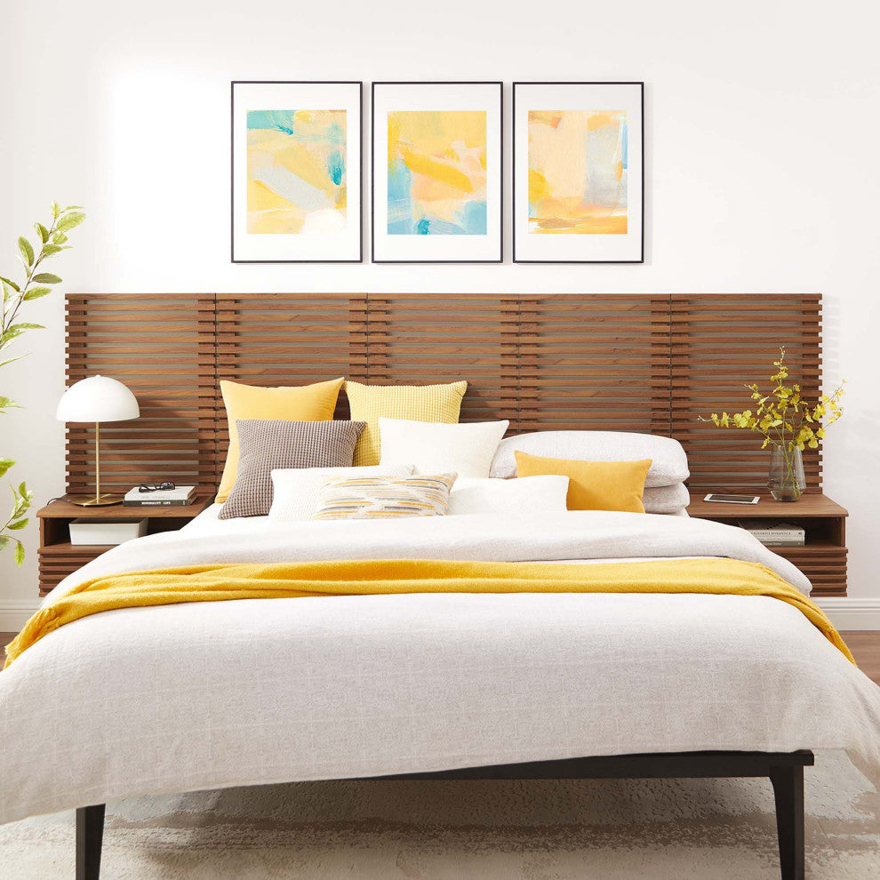 Render Wall Mount Queen Headboard and Modern Nightstands, Walnut