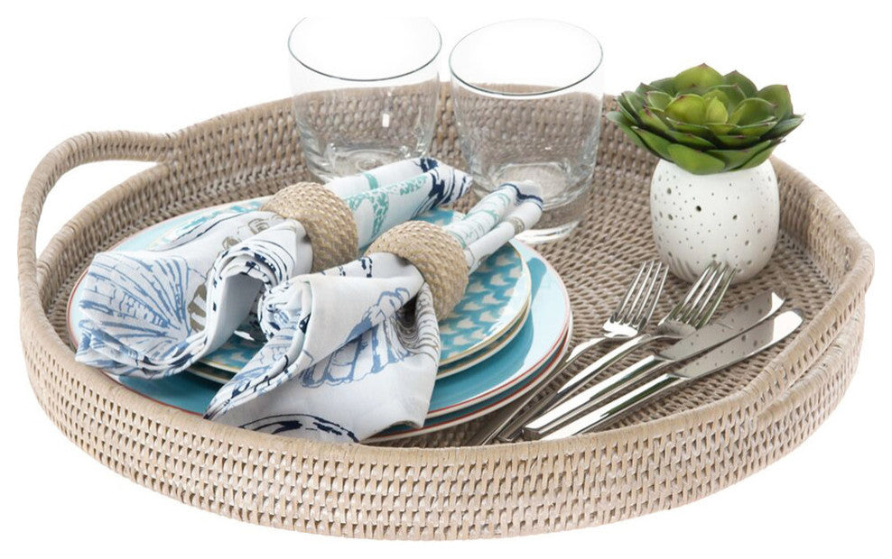 La Jolla Rattan Round Serving Tray, White-Wash