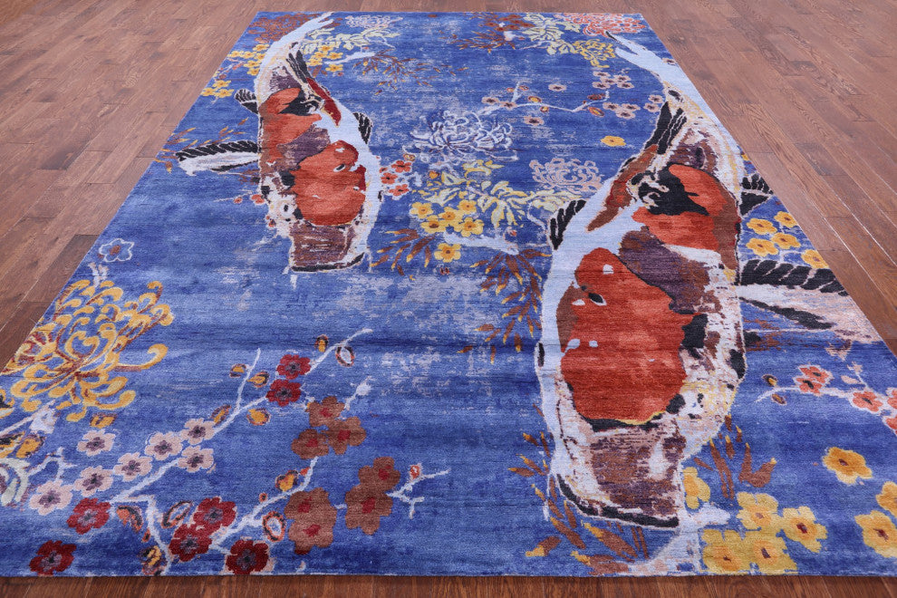 Fish Design Hand Knotted Silk Rug 8' 10" X 12' 0" Q11600