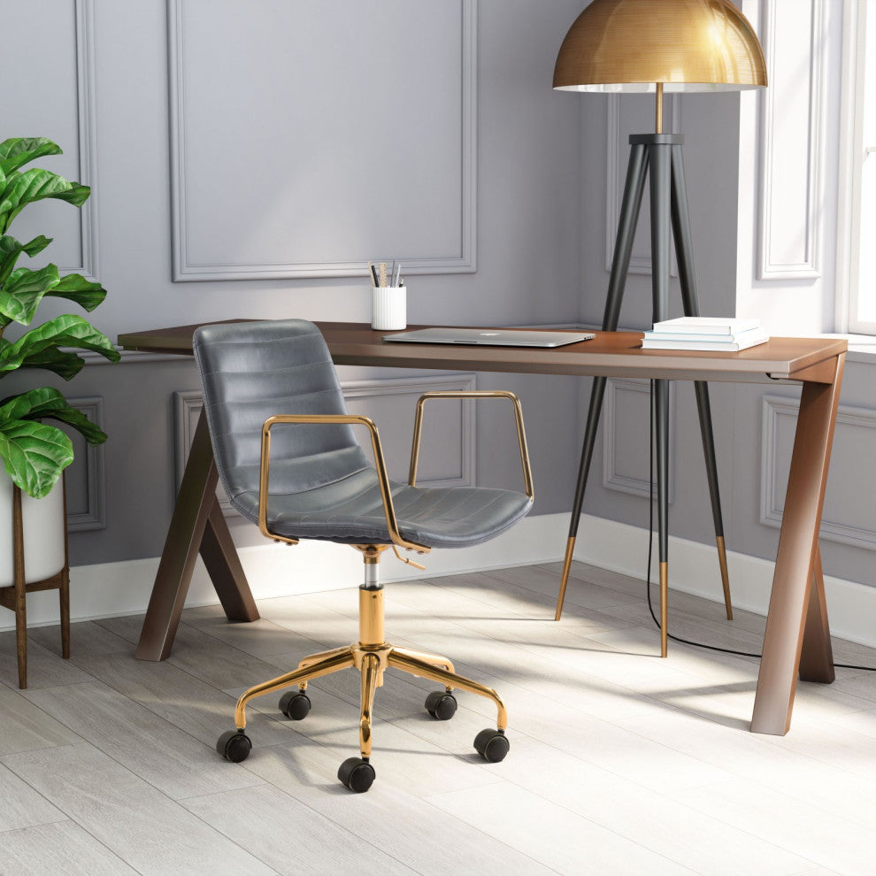 Computer Chair, Faux Vinyl Leather, Steel, Gray, Gold, Business Office