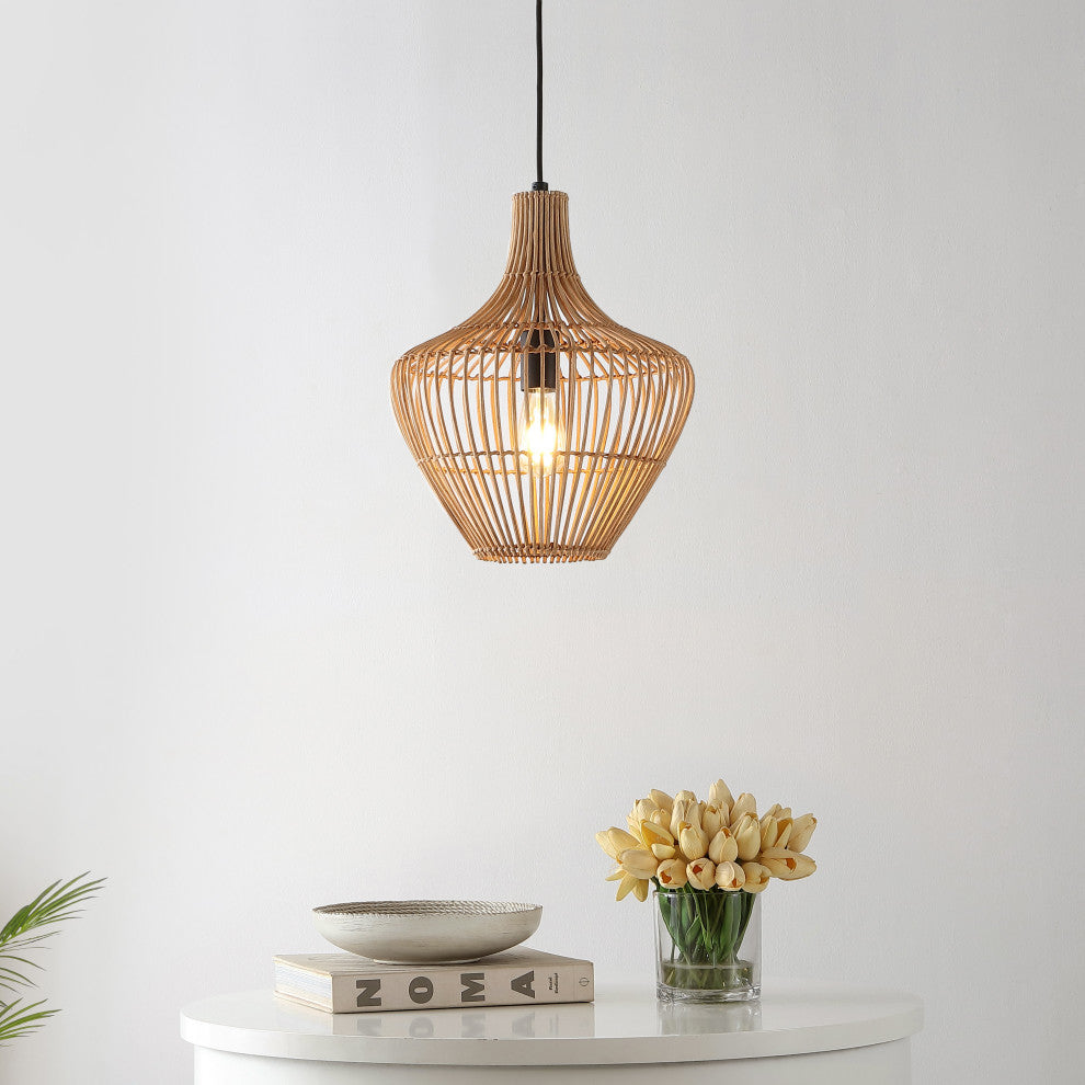 Nova 20.25" 1-Light Rattan 180" Plug-In or Hardwired LED Pendant, Brown, Lucas