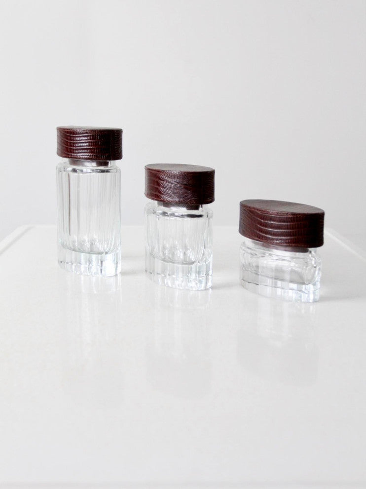 Consigned, Vintage Glass Jars With Leather Lids Set of 3