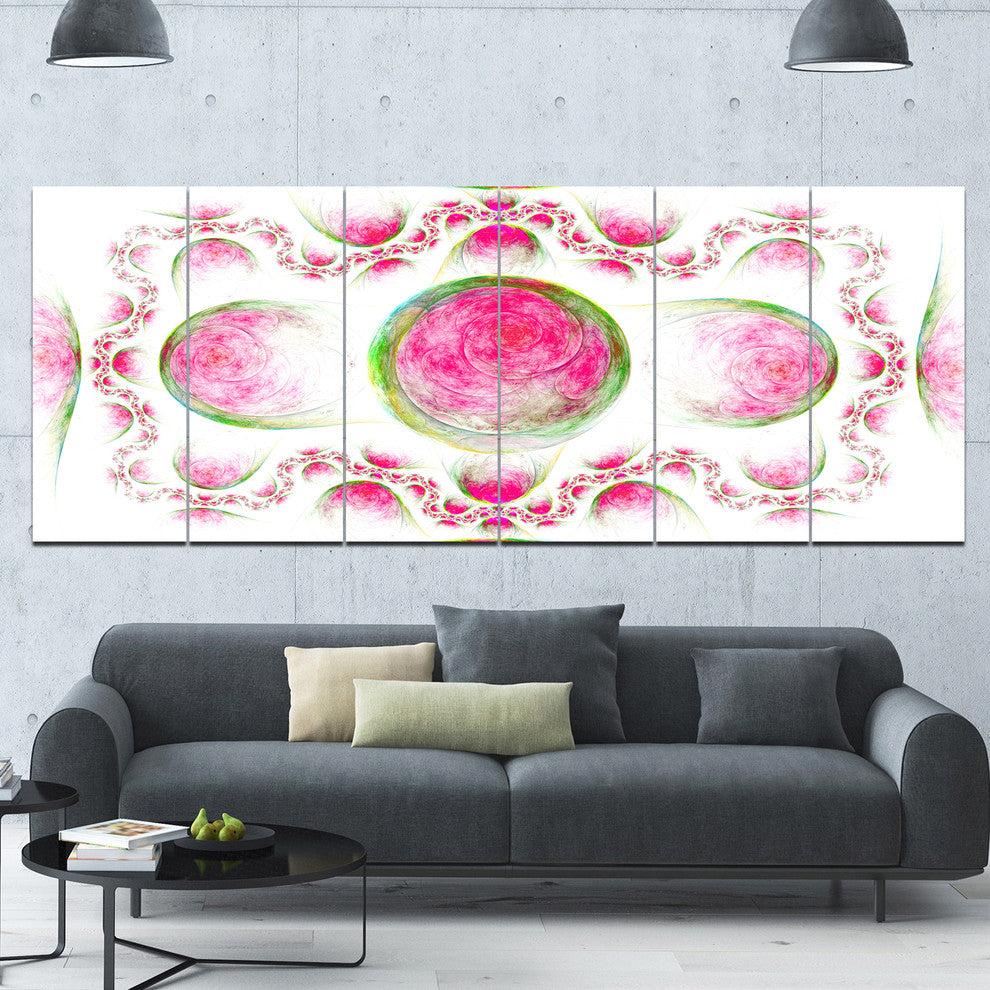 Pink Exotic Pattern on White, Abstract Art on Canvas, 70"x28", 6 Panels