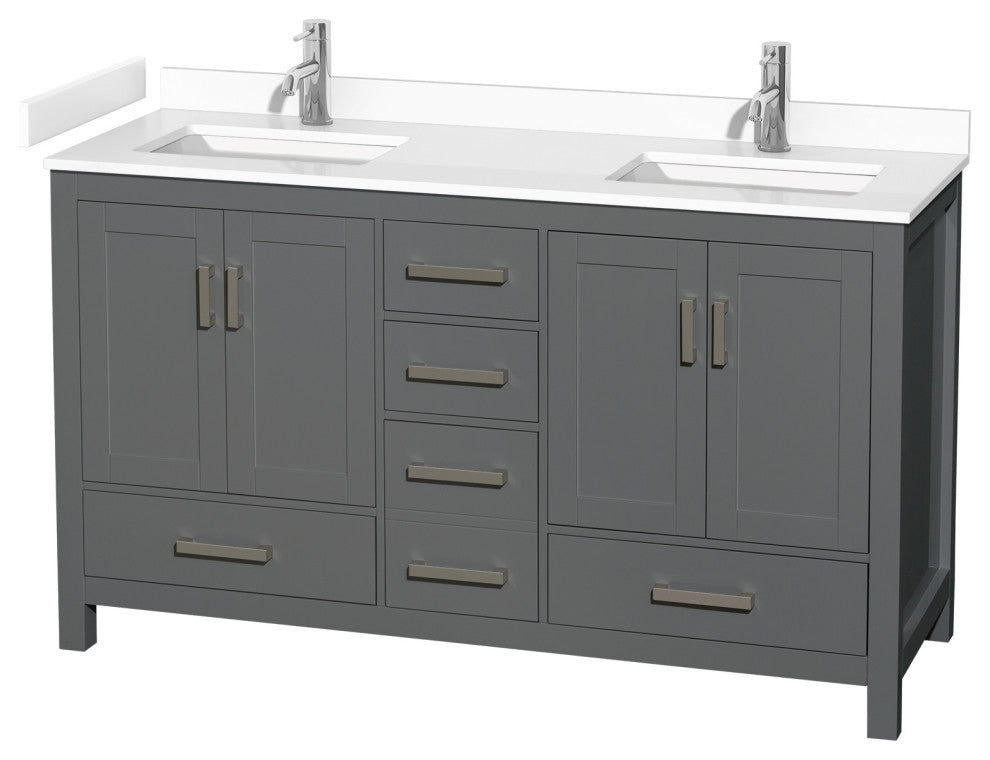 60" Double Bathroom Vanity Dark Gray, White Cultured Marble Countertop, Sinks