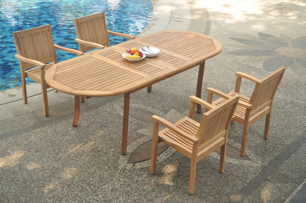 5-Piece Outdoor Teak Dining Set: 94" Oval Table, 4 Leveb Stacking Arm Chairs