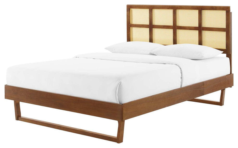 Platform Bed Frame, Queen Size, Wood, Brown Walnut, Modern Mid-Century, Bedroom