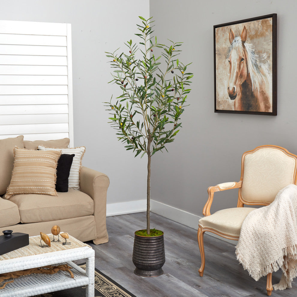 75" Olive Artificial Tree, Ribbed Metal Planter