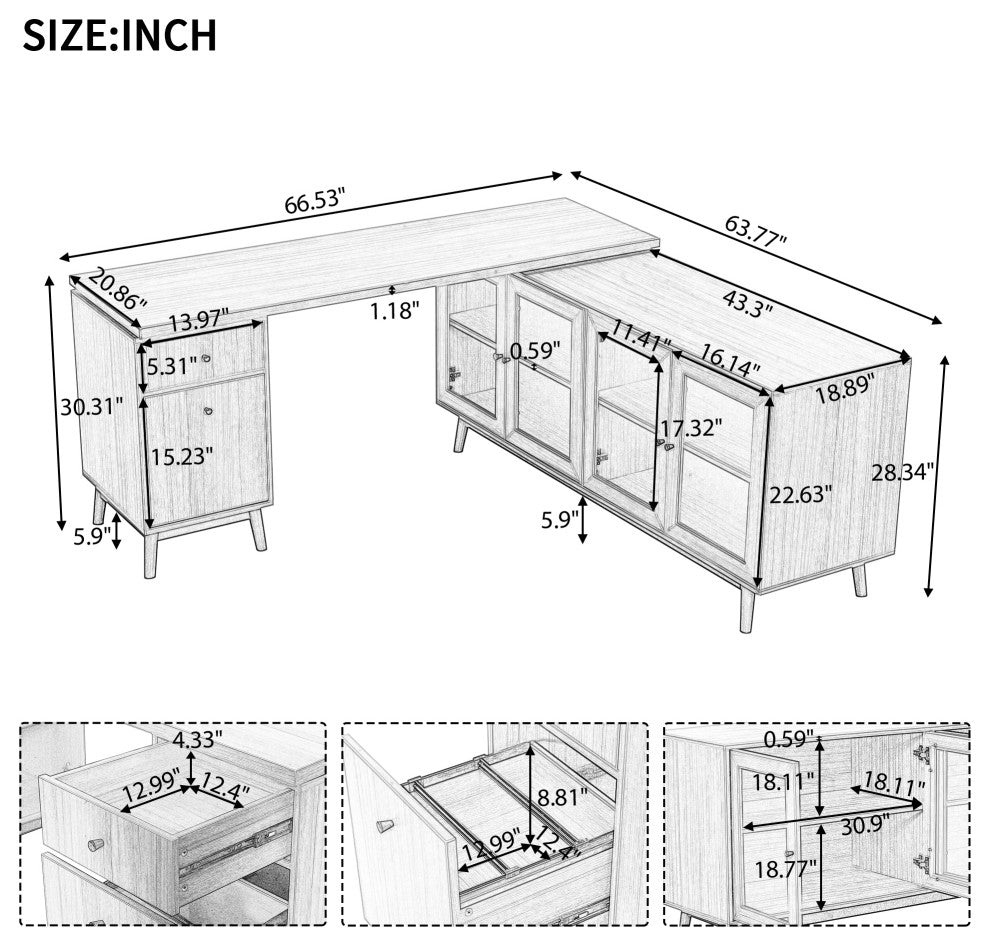 Modern L-shaped Executive Desk, Delicate Tempered Glass Cabinet Storage, Teak