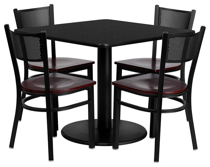 36'' Square Black Dining Laminate Table Set, 4 Grid Back Metal Chairs
