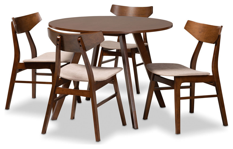 Reedsport Mid-Century Walnut Effect 5-Piece Dining Set, Light Beige/Walnut Brown
