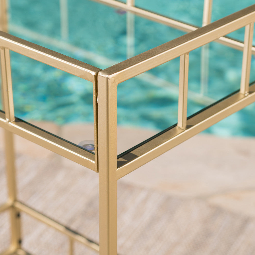 GDF Studio Alice Outdoor Modern Bar Cart with Tempered Glass, Gold