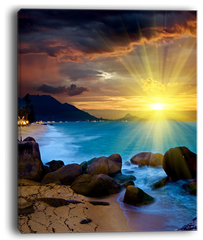 "Bright Yellow Sun Over Blue Waters" Modern Beach Canvas Art Print, 12"x20"
