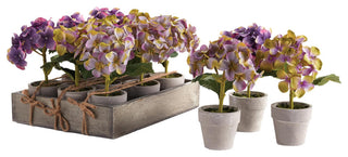 Set 12 Mini Hydrangea Faux Floral Plants in Pots Rustic Gift Purple Flowers