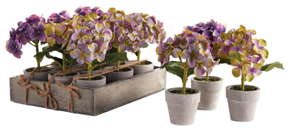 Set 12 Mini Hydrangea Faux Floral Plants in Pots Rustic Gift Purple Flowers