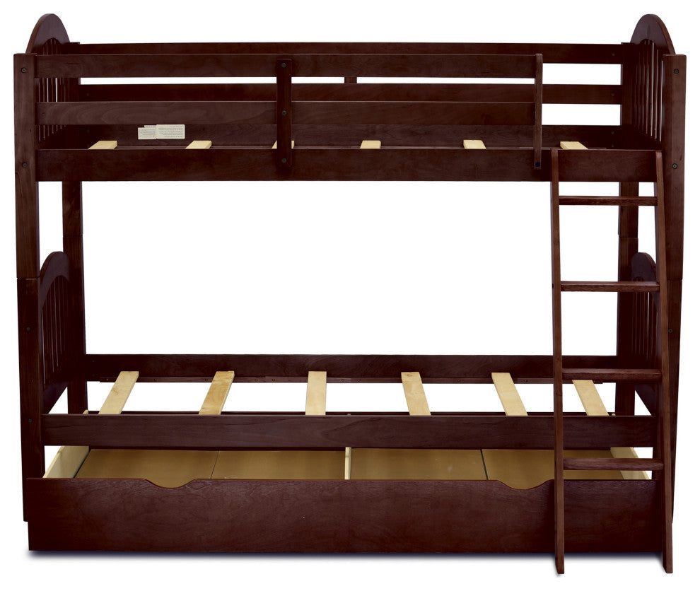 Verona Twin Bunk Bed In Java Finish With Convertible Trundle & Drawer