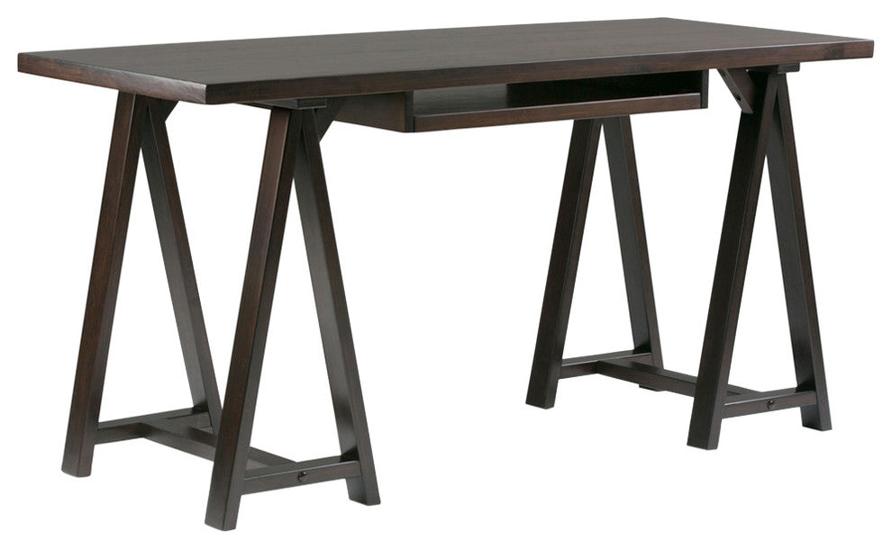 Sawhorse Solid Wood 60" Modern Writing Office Desk, Dark Chestnut Brown