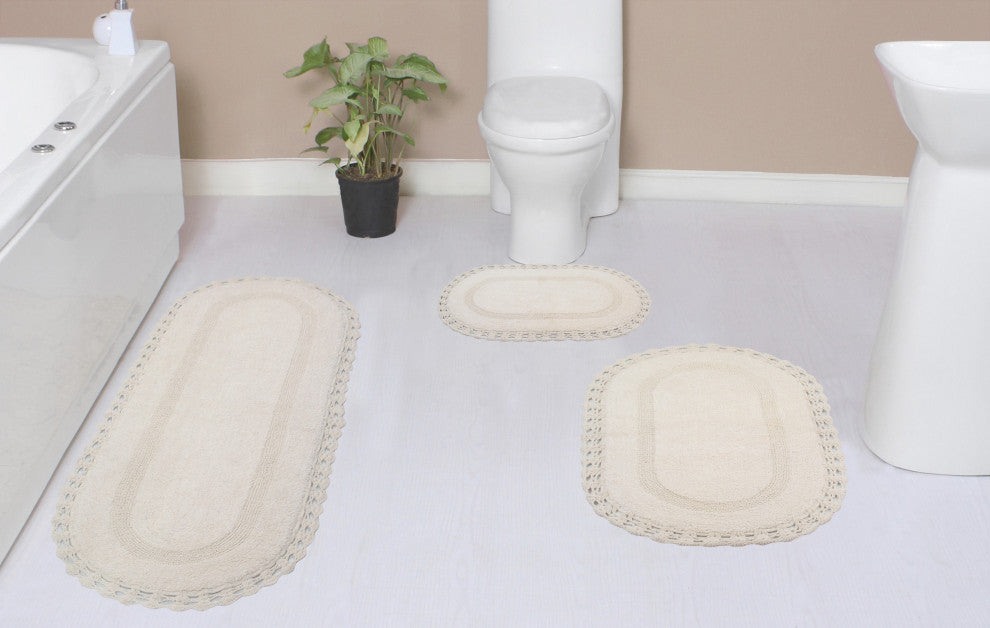 Hampton Crochet Reversible Bath Rug, 3-Piece Set With Runner, Ivory