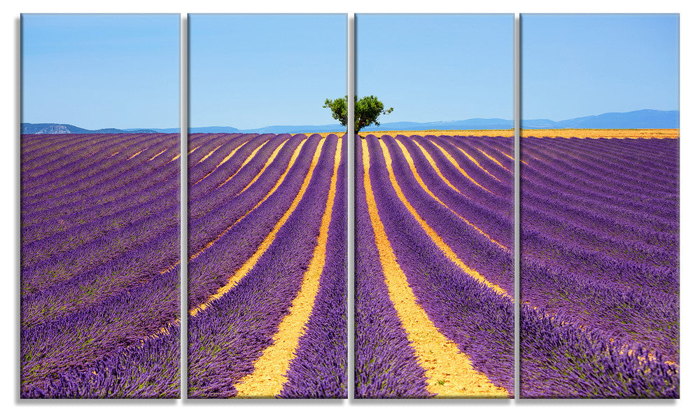 "Lonely Uphill Tree in Lavender Field" Landscape Wall Art, 4 Panels, 48"x28"