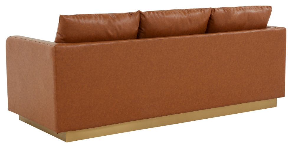 LeisureMod Nervo Modern Leather Sofa With Gold Base, Cognac Tan