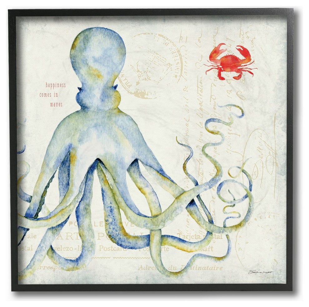 Happiness Comes In Waves Octopus & Crab Framed Giclee Texturized Art, 12"x12"