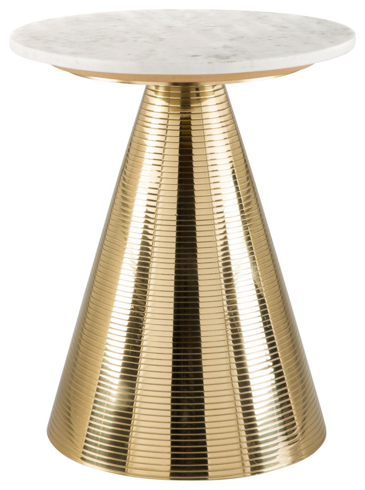 Sofa Side Table, Round, Artificial Marble, Aluminum Metal, White, Gold, Lounge
