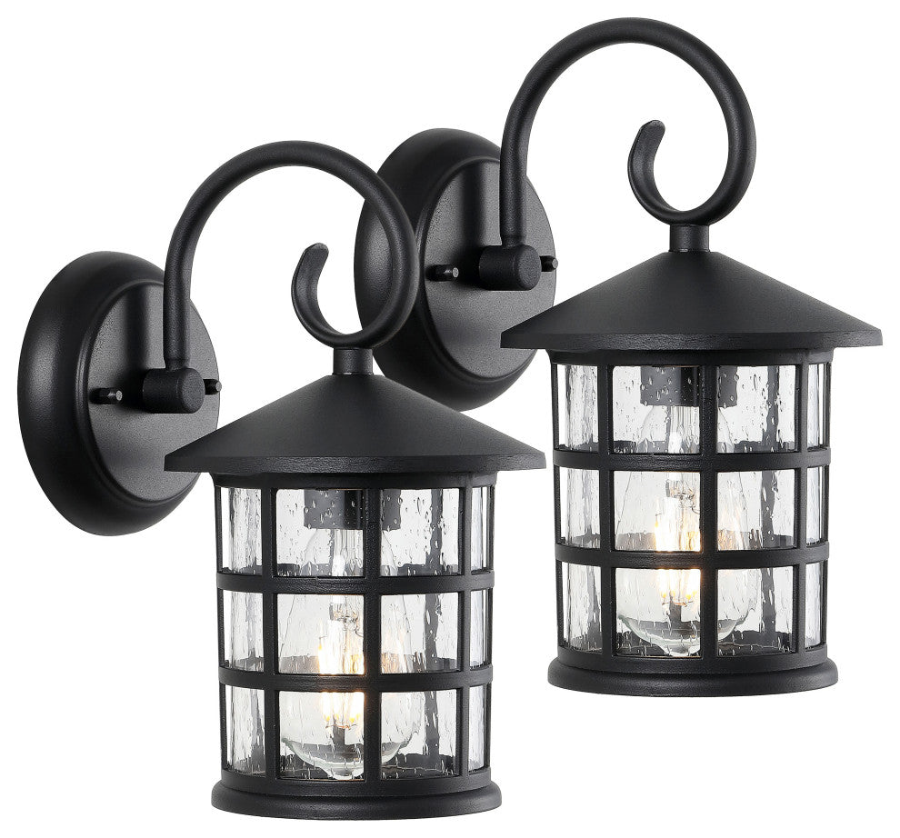 Cadiz 6" 1-Light Iron/Seeded Glass Rustic Outdoor Lantern, Black, Set of 2