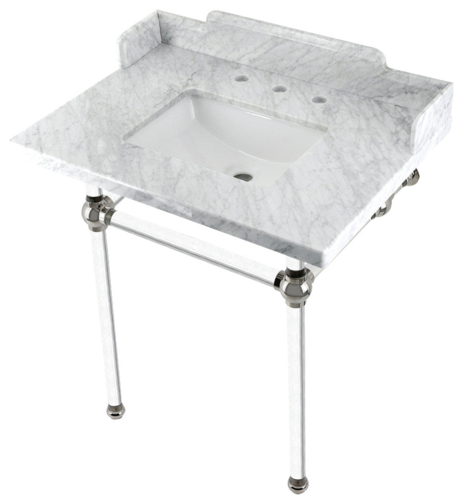 Kingston Brass LMS30MASQ6 30" Carrara Marble Console Sink, Acrylic Legs