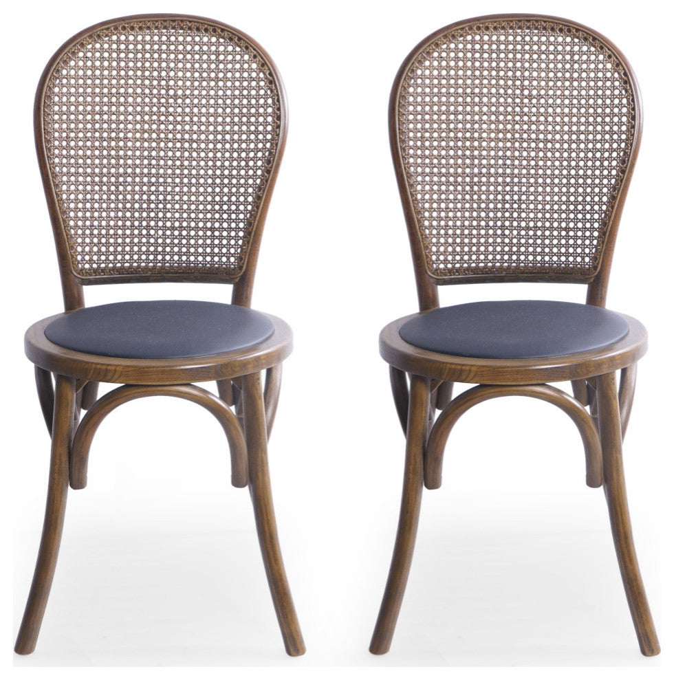 Cano Beech Wood and Rattan Dining Chair With Faux Leather Cushion, Set of 2, Natural Finish/Black