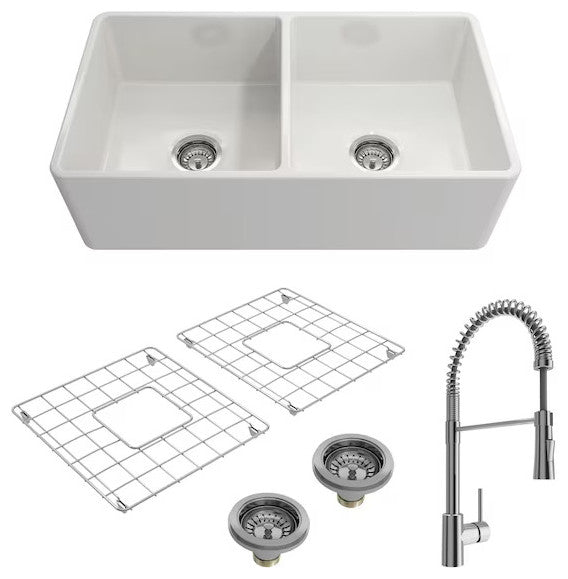 BOCCHI 1139-001-2020CH Farmhouse Fireclay 33 Inch Double Bowl Kitchen Sink Kit