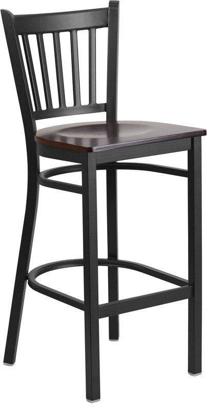 Black Vertical Back Metal Restaurant Barstool, Walnut Wood Seat