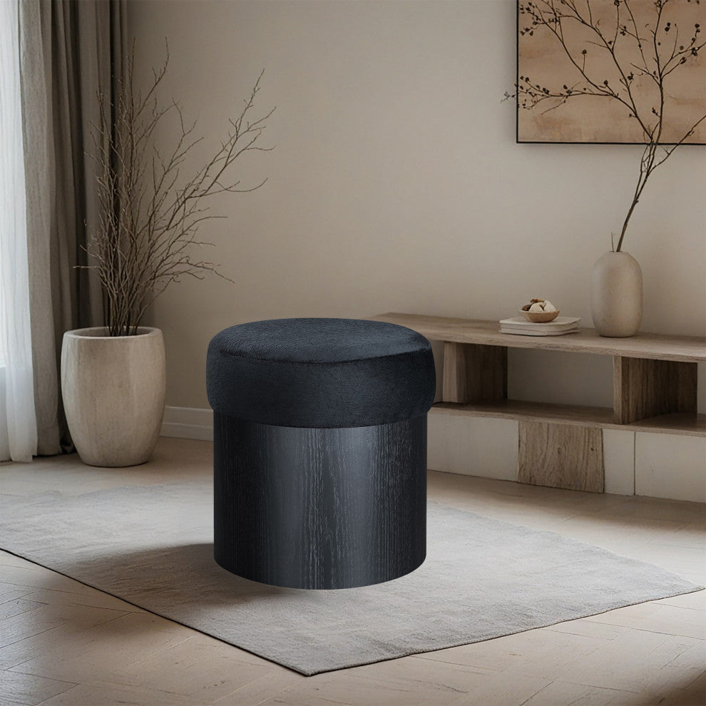 Nimes Upholstered Ottoman, Black, Velour Fur, Black Finish