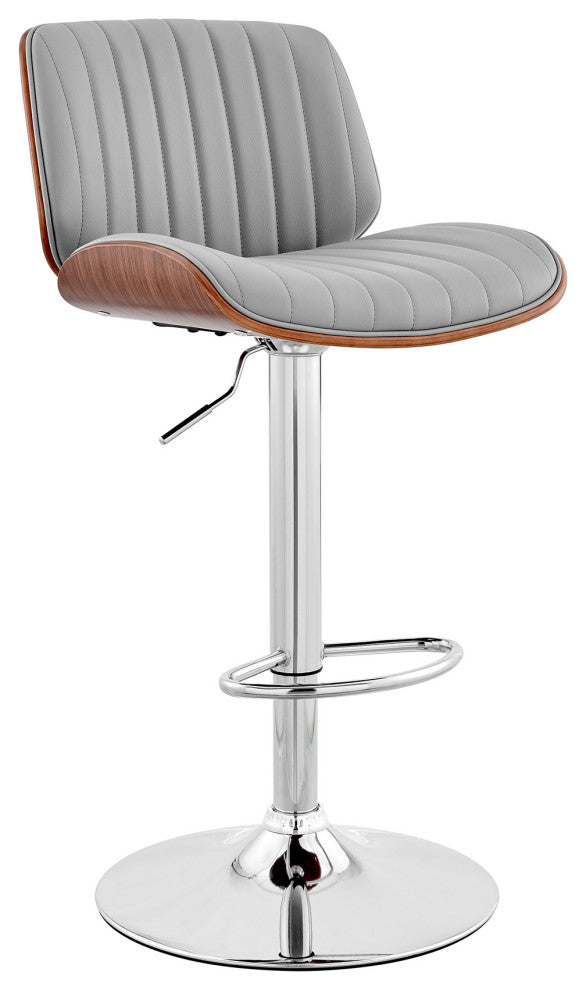Adjustable Gray Faux Leather Chrome and Walnut Bar Stool