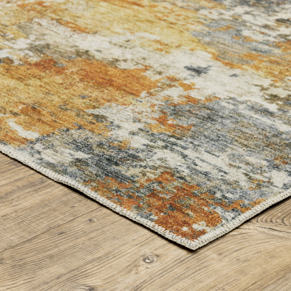 Michaela Machine Washable Abstract Orange/ Blue Area Rug, Orange, 2'x8'