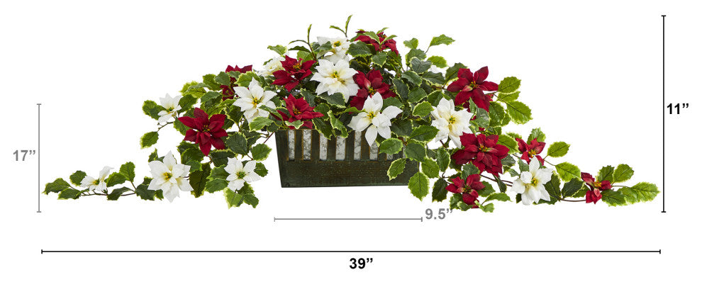 39" Poinsettia and Variegated Holly Faux Plant, Decorative Planter, Real Touch