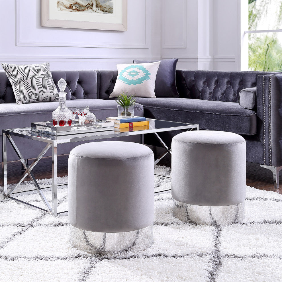 Madelyn Velvet Round Ottoman With Metal Base, Gray/Chrome