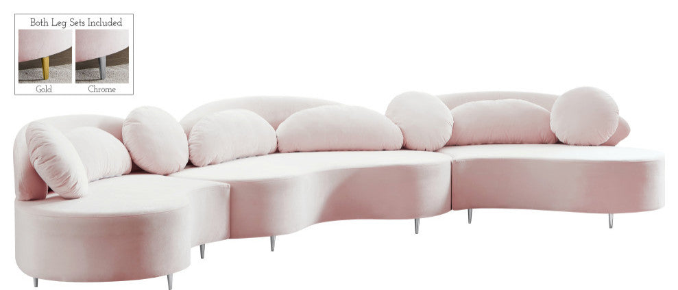 Vivacious Velvet Upholstered 3-Piece Sectional, Pink