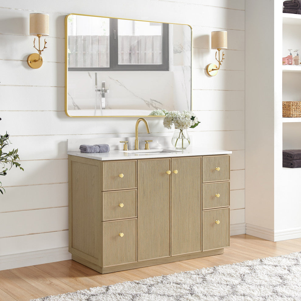 Oza Bath Vanity with Quartz Stone Top, Aged Natural Oak, 48", Single Vanity, With Mirror