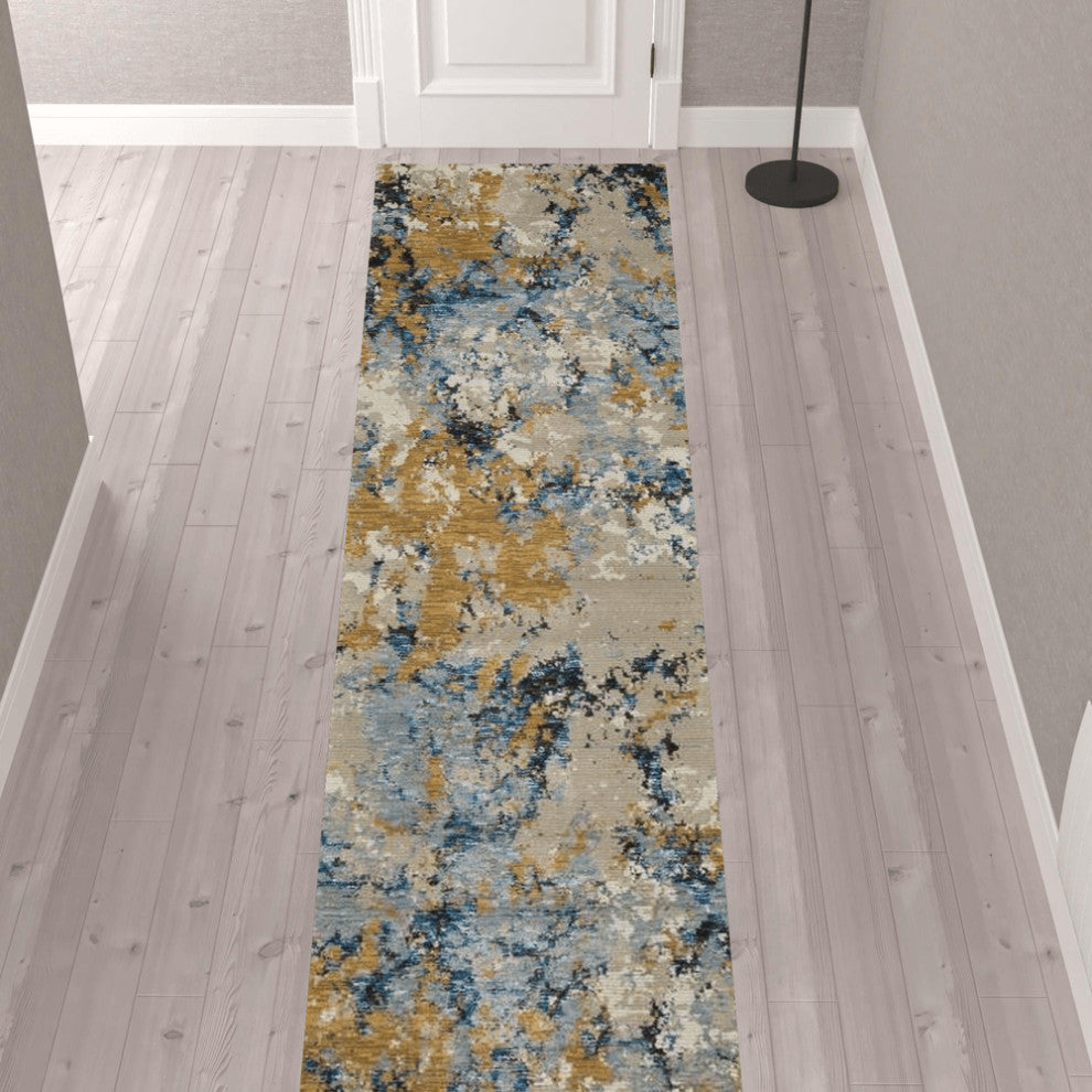 12' Runner Gold Grey and Ivory Abstract Power Loom Runner Rug
