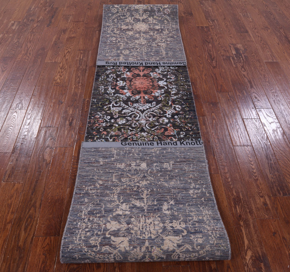 2' 6" X 14' 3" Runner Modern Wool and Silk Hand Knotted Rug Q11830