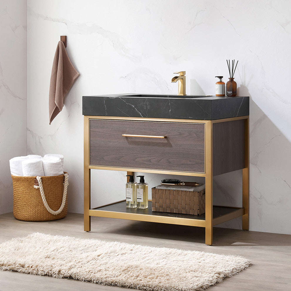 Segovia Bath Vanity with Sintered Stone Top, Suleiman Oak, 36", No Mirror