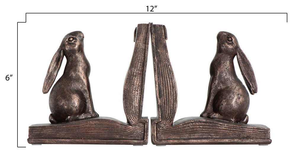 Rustic Bronze Rabbit on Book Resin Bookends, Set of 2